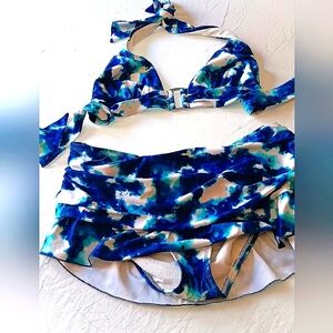 Kenneth Cole Blue Watercolor Skirted Bikini Silver Hardware 10 Tie Dye